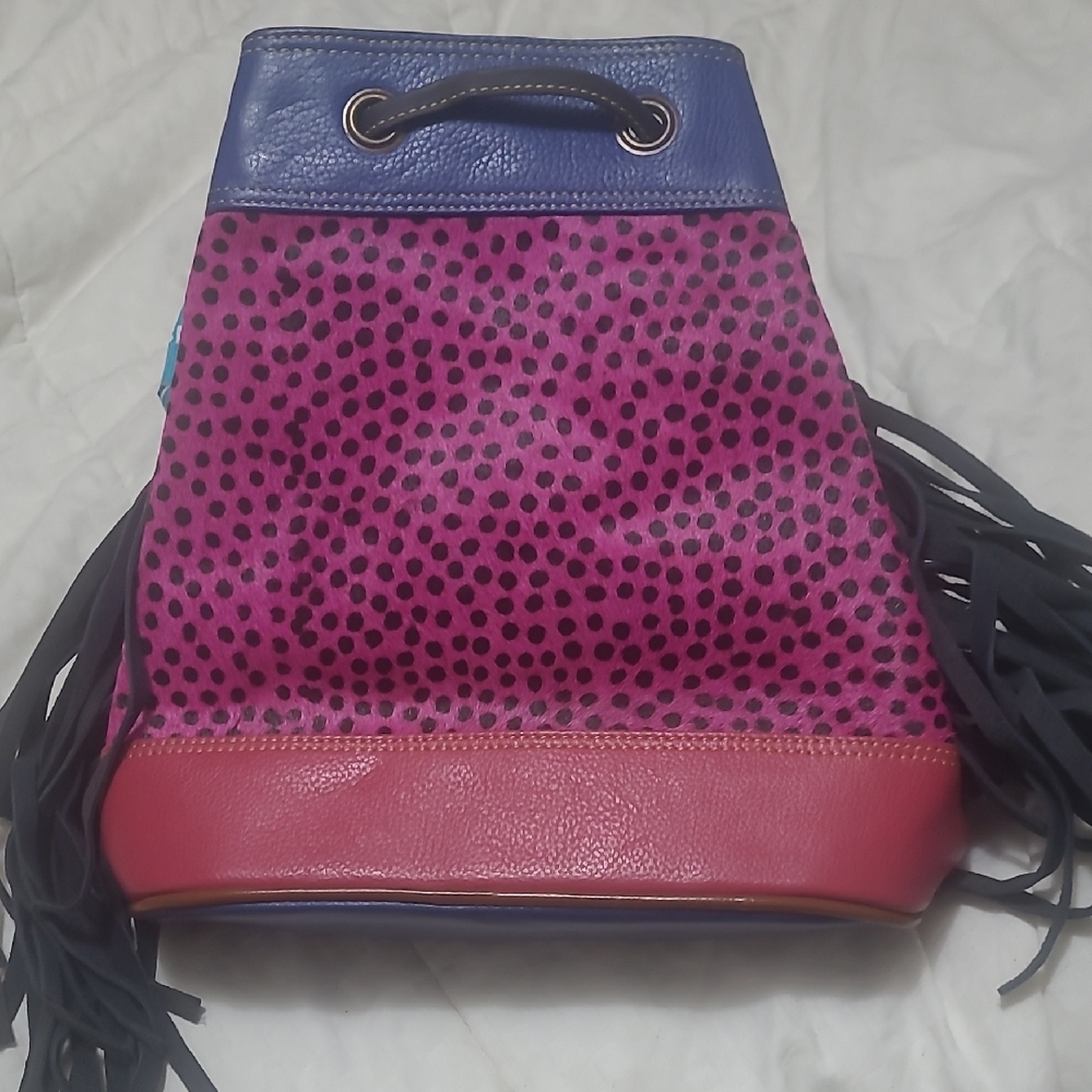 ⭐️⚡️NWT Stylish Pink and Blue Polka Dot Shoulder Bag with Blue Fringe On Sides